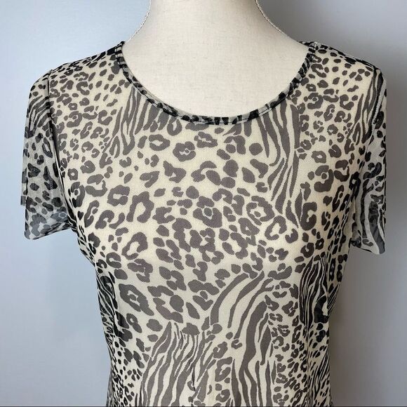 NWT Antistar Black & White Animal Cheetah Zebra Print Short Sleeve Sheer size L - Picture 9 of 11